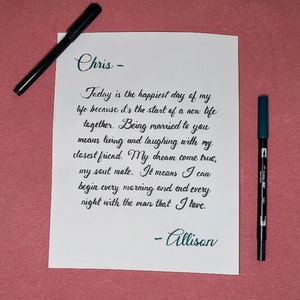 Carta de amor escrita a mano, nota de caligrafía perfecta regalo para pareja el día de la boda, esposo o esposa