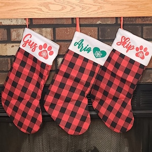 Personalized Christmas stockings for family mom dad kids and pets in red plaid/ dog christmas stocking
