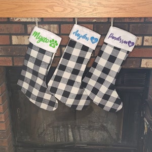 Personalized Christmas stockings for family mom dad kids and pets in black plaid/ dog or cat Christmas decoration