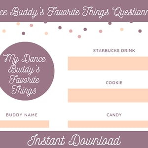 Printable Dance Buddy Favorite Things Questionnaire
