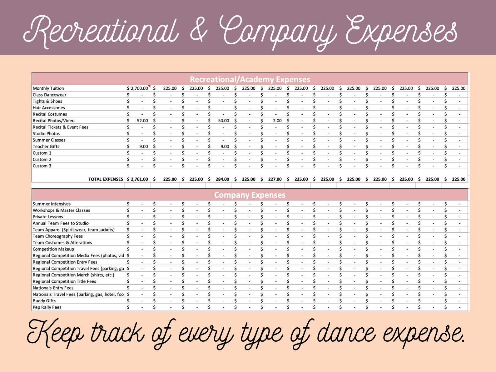 2023 Annual Dance Budget Worksheet to Track Dance Expenses for Excel or