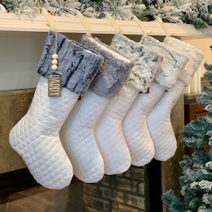 Christmas Stocking, White Quilted Personalized Christmas Stocking With Faux Fur Cuff (Blue, Gray, Snowy Owl, Frosted Gray, Ivory Hide Cuff)