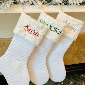 Family Christmas Stocking, Personalized Embroidered Christmas Stocking, Ivory Hide Minky Fabric Cuff  with White Quilted Christmas stocking