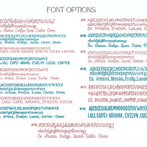 May include: A chart with 15 different font options for names. Each font option is numbered and includes a sample of the alphabet in uppercase and lowercase letters. The chart also includes examples of how the font would look when used for names, such as "Ariana, Evelyn, Lucas, Carter, Owen".