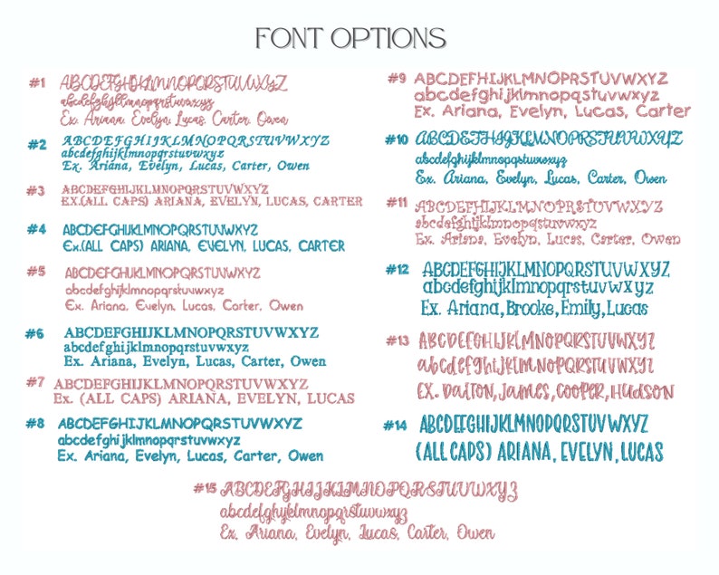May include: A chart with 15 different font options for names. Each font option is numbered and includes a sample of the alphabet in uppercase and lowercase letters. The chart also includes examples of how the font would look when used for names, such as "Ariana, Evelyn, Lucas, Carter, Owen".