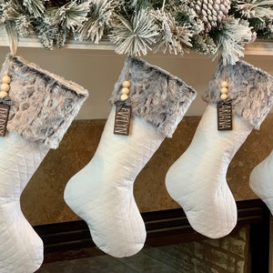 Faux fur Christmas Stocking, Personalized Christmas Stocking, White Quilted Stocking, Fur Stocking, Gray Rabbit Faux Fur Cuff Stocking