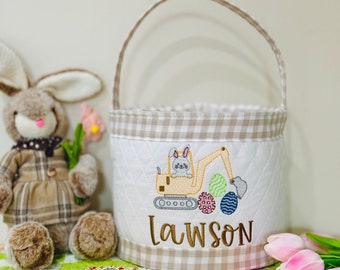 Personalized Bunny Excavator Easter Basket, Quilted Cotton Gingham Lined