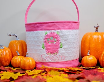 Personalized Girl Monster Halloween Basket, Embroidered Trick Or Treat Bucket