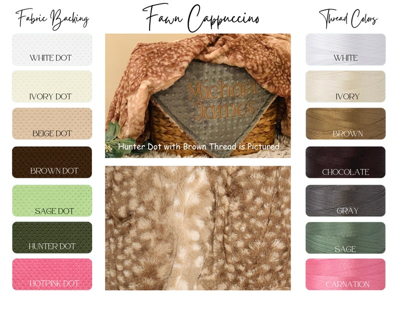 May include: A fawn-colored baby blanket with a brown and white spotted pattern. The blanket is folded and placed in a wicker basket. The blanket is available in a variety of colors and can be personalized with a name. The text "Hunter Dot with Brown Thread is Pictured" is displayed below the blanket.