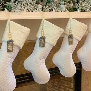 Personalized Christmas Stocking, Cream Stocking, White Quilted Christmas Stocking with Ivory/Cream Hide Cuff, Family Christmas Stocking