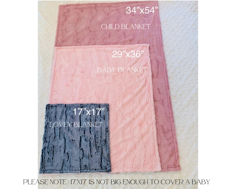 May include: Three plush blankets in different sizes: a 34" x 54" child blanket in pink, a 29" x 36" baby blanket in pink, and a 17" x 17" lovey blanket in gray. The text "PLEASE NOTE: 17X17 IS NOT BIG ENOUGH TO COVER A BABY" is at the bottom of the image.