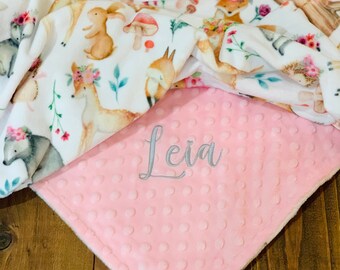 Personalized Baby Blanket: Woodland Animals Minky Blanket, Embroidered Girl Gift