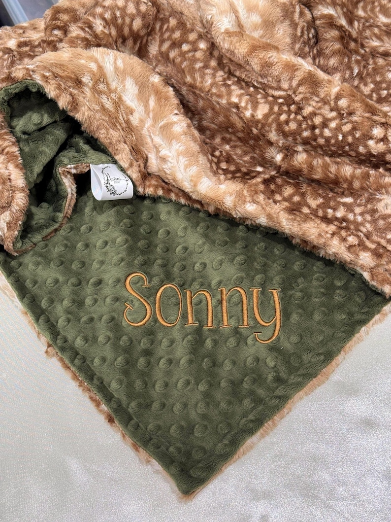 Woodland Fawn Print Minky Baby Blanket, Personalized Blanket image 2