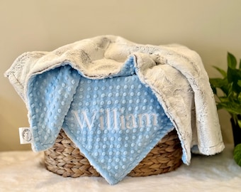 Personalized Baby Blanket: Frosted Gray Hide & Minky Dot, Newborn Gift, Blue Blanket For Boys
