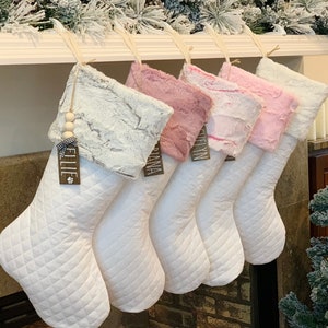 Personalized Pink Quilted Christmas Stocking, Faux Fur Cuff