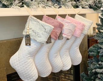 Personalized Pink Quilted Christmas Stocking, Faux Fur Cuff