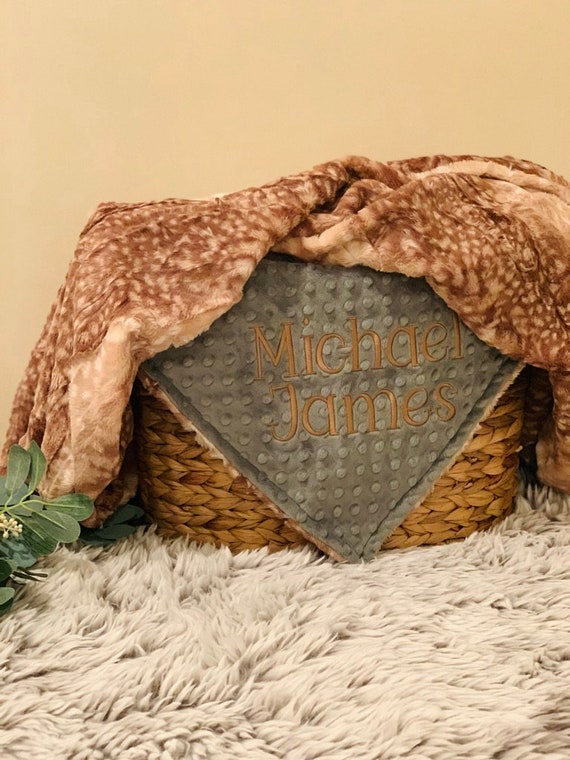 Woodland Fawn Print Minky Baby Blanket, Personalized Blanket