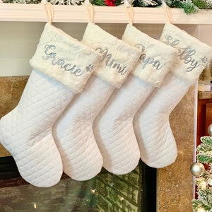 Family Christmas Stocking, Personalized Embroidered Christmas Stocking, Ivory Hide Minky Fabric Cuff  with White Quilted Christmas stocking