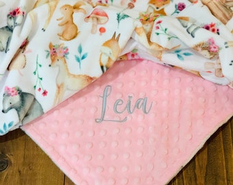 Personalized Baby Blanket: Woodland Animals Minky Blanket, Embroidered Newborn Gift