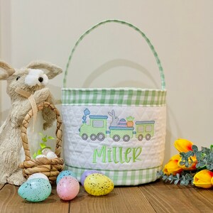 Personalized Easter Basket, Green Train Bunny, Quilted Cotton