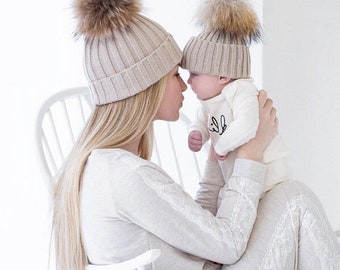 Matching Mom and Baby Beanies, Matching Pom Pom Beanies,Crochet Hat
