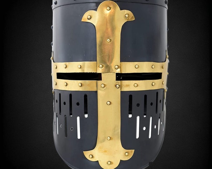 Templar Brass Crusader Helmet Knights Helmet | Wearable for Adult | Medieval Costumes | FREE STAND (For Halloween)