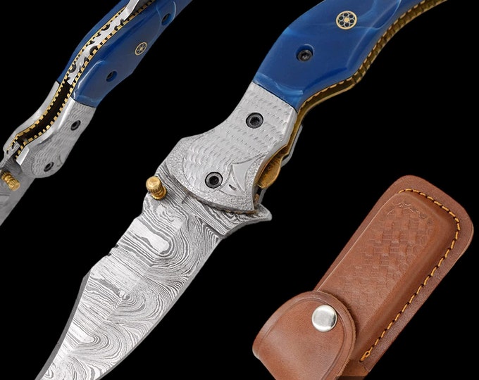 Damascus Pocket Folding Knife, Custom Pocket Folding Knife, Authentic Damascus Steel Blade,Blue Horn Eagle Shape Handle Great Gift for him
