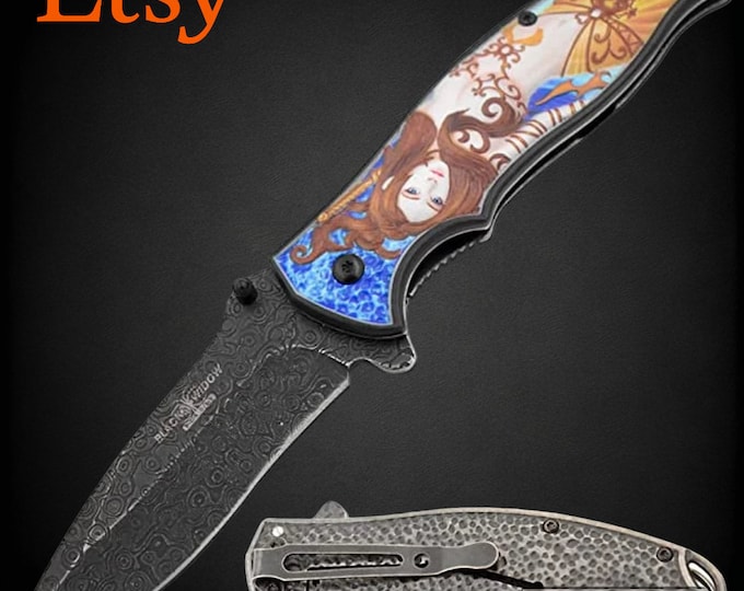 Collectible Spring Assisted Pocket Knife Mermaid-Design Handle Includes Pocket Clip EDC Camping Knife Gift For Girls