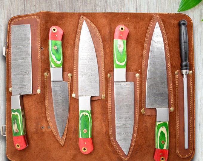 Handmade Damascus Chef set Of 5pcs With Leather,Damascus Knife Set,Damascus Chef Knife,Full Kitchen Knife Set,Damascus Chef Set