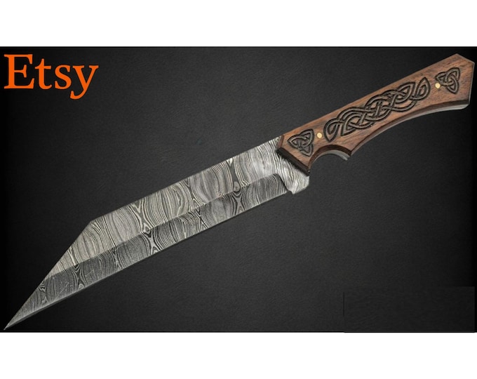 Celtic Seax Blade with Engraved Wooden Handle - Authentic Viking Knife / Tanto