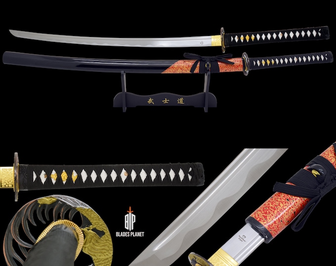 Handmade Classic Japanese Samurai Katana Swords Functional Hand Forged T10 Steel Full Tang Wooden-Scabbard with Heavy Duty Wooden Stand