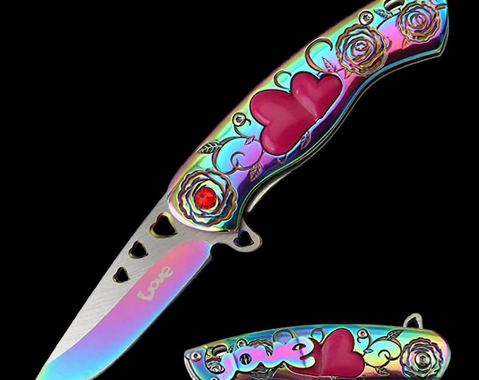 Custom Gorgeous Heart Rose Engraving 7" Cupid Heart Ladies Valentines day Pocket Knife with LOVE Pocket Clip Included (Knife for Loved Ones)