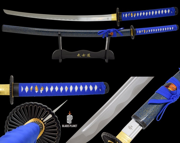 Blades-Planet Classic Japanese Samurai Katana Swords Functional Hand Forged T10 Steel Full Tang Wooden-Scabbard with Heavy Duty Wooden Stand