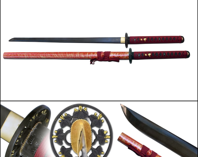 Real Katana Hand Forged with Damascus steel Handmade Full Tang Sharp Red Japanese Samurai Sword Red Katanas, Heat Tempered, Wooden Scabbard