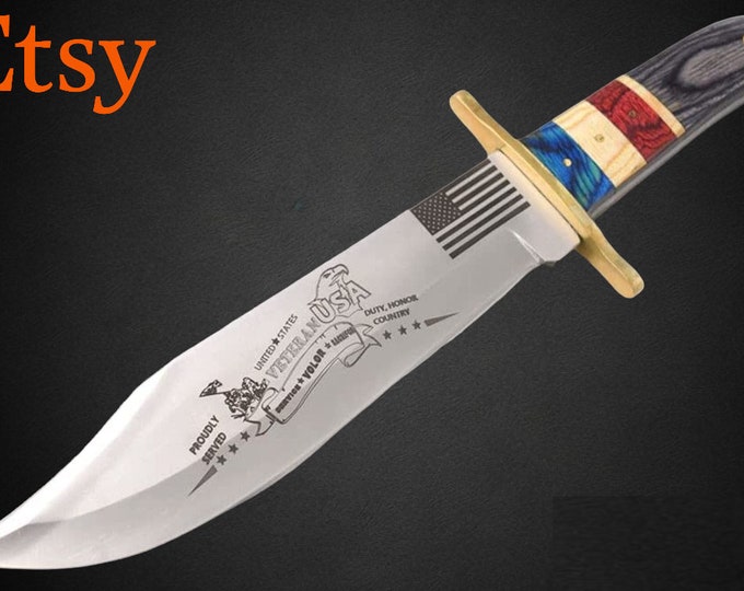 Custom Handmade 15'' Fixed Blade Engraved Bowie Knife Multi Color Wood Handle w/Leather Sheath, Best Gift For VETERANS