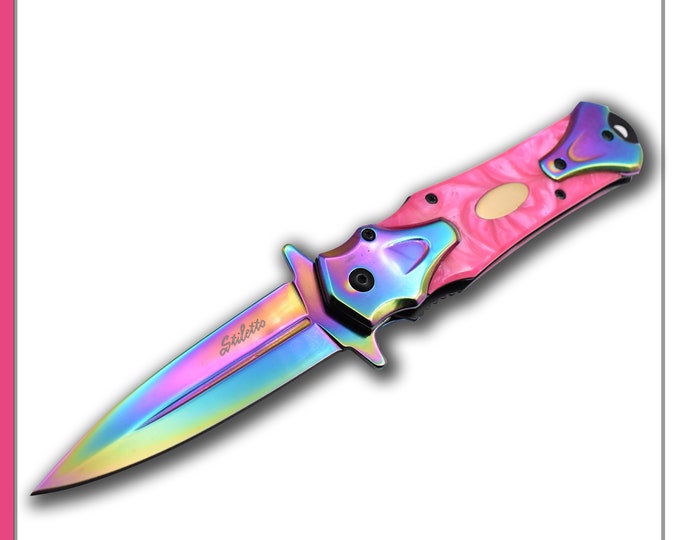 Durable Collectible 8.25" Tactical Two Tone Pearl Designed Handle Assisted Open Folding Knife Outdoors Hunting Camping Fishing  (Rainbow)