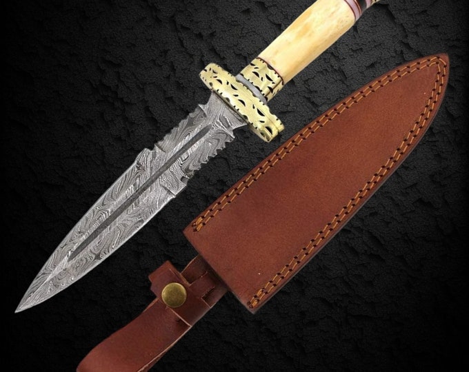 Handmade  Damascus Collection Dirk Sgian Dubh Knife w/ Leather Sheath 12.75 " Overall Great Piece Of Craftsmanship
