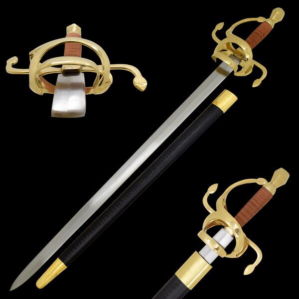 Fully Functional Golden Swept Hilt Rapier Sword Full Tang W/Black Leather Sheath Handmade Overall 39"