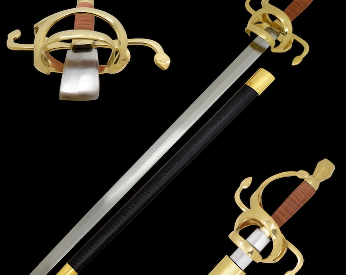 Fully Functional Golden Swept Hilt Rapier Sword Full Tang W/Black Leather Sheath Handmade Overall 39"