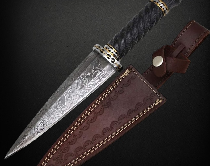 Beautiful Damascus Steel Collection Dirk Sgian Dubh Knife w/ Brown Leather Sheath Handmade