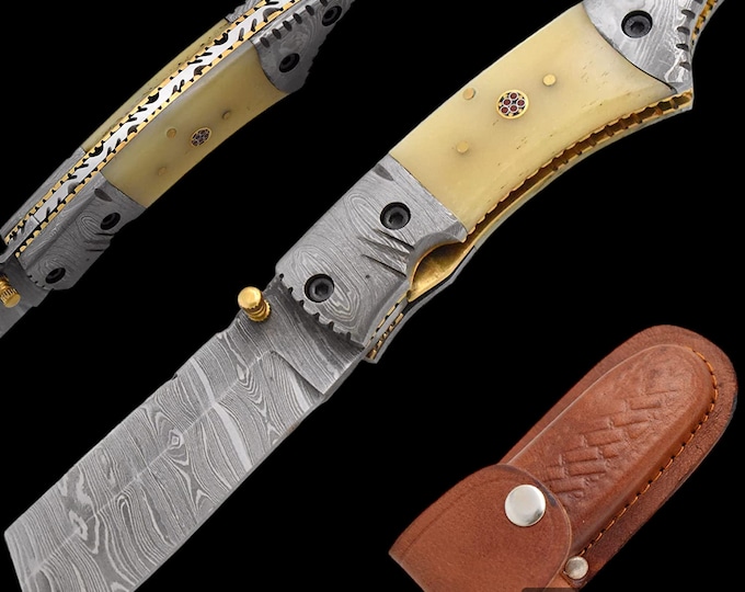 Damascus Pocket Folding Knife, Custom Pocket Folding Knife, Authentic Damascus Steel Blade, Bone Handle Knife Great Gift for him