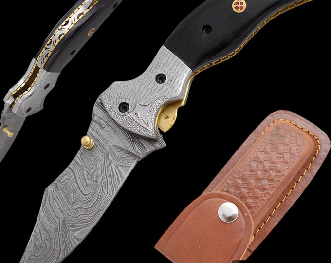 Damascus Pocket Folding Knife, Custom Pocket Folding Knife, Authentic Damascus Steel Blade, Horn Eagle Shape Handle Knife Great Gift for him