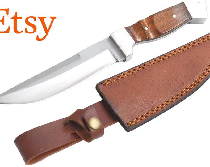 Handmade Heavy Duty Wood Handle Hunting Knife | Stainless Steel Blade | Genuine Leather Sheath Included Hunting Knife