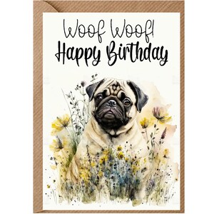 Pug Dog verjaardagskaart (6"x 4") met envelop - Ideaal voor elke gelegenheid. Kan leeg gelaten worden indien gewenst of gepersonaliseerd