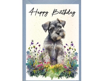 Grußkarte Für Hundeliebhaber – Miniature Schnauzer Mit Blumenporträt, 17,5x12,5 Cm, Blanko Innen