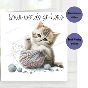 Chaton espiègle n° 3 . Carte vierge de 15 x 15 cm - Cadeaux et designs Starprint. De la place pour votre propre message à l'intérieur. Peut être personnalisé.