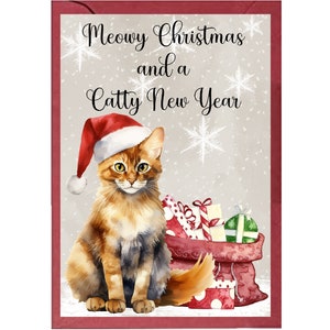 Cartão de Natal Somali Cat A6 (4"x 6") (em branco por dentro). Muito espaço para sua própria mensagem dentro.