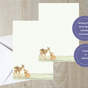 Bella carta da scrittura per animali selvatici con un coniglietto e un cervo (20 pagine, 10 buste).  Un oggetto fatto a mano da Starprint Gifts and Designs