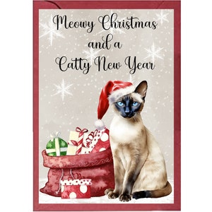 Carte de Noël chat siamois A6 (4 x 6 po.) (vierge à l'intérieur). Beaucoup d'espace pour votre propre message à l'intérieur.