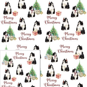Carta da imballaggio per design natalizio per gatti in bianco e nero e 1 etichetta regalo con immagine trimestrale di Starprint Gifts and Designs.